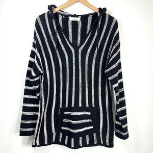 Elan Black and White Striped Baja Hoodie Sweater